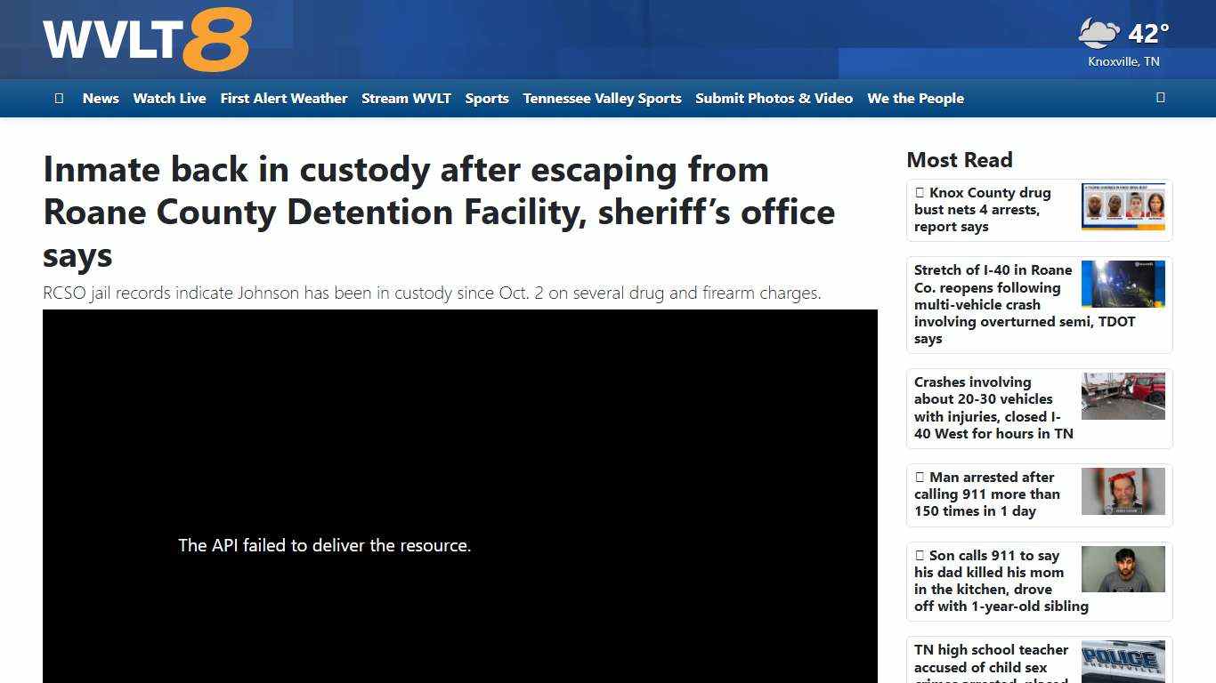 Inmate back in custody after escaping from Roane County Detention Facility, sheriff’s office says